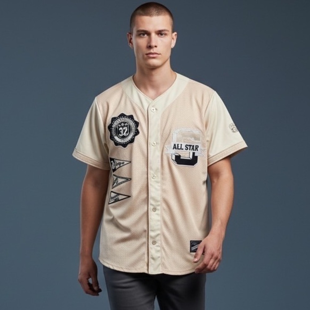Smoke‎ Rise Men's Leather Short Sleeve Baseball Jersey Shirt Ecru Small NWOT